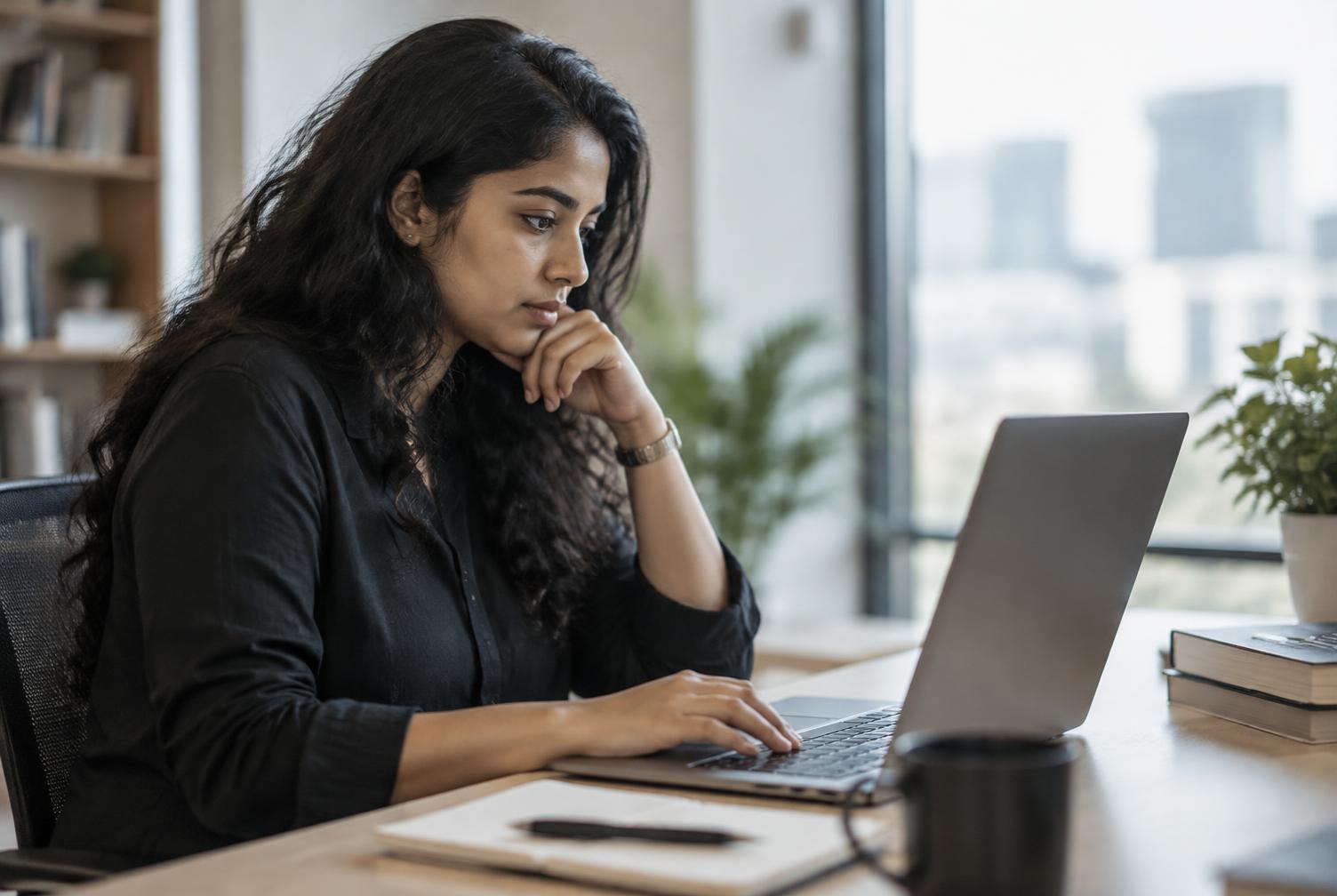 A candidate concentrating while taking an assessment on a laptop