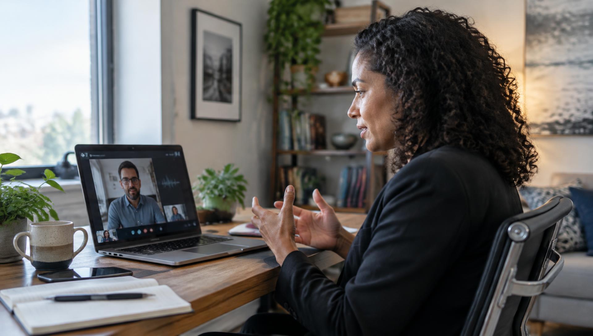 A candidate taking part in a conversational video interview from a home office