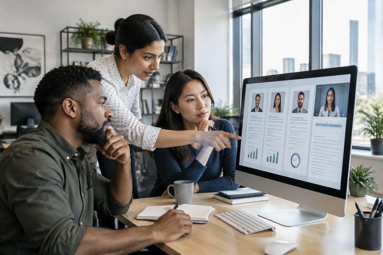 Recruitment team reviewing structured candidate interview evidence on a large screen
