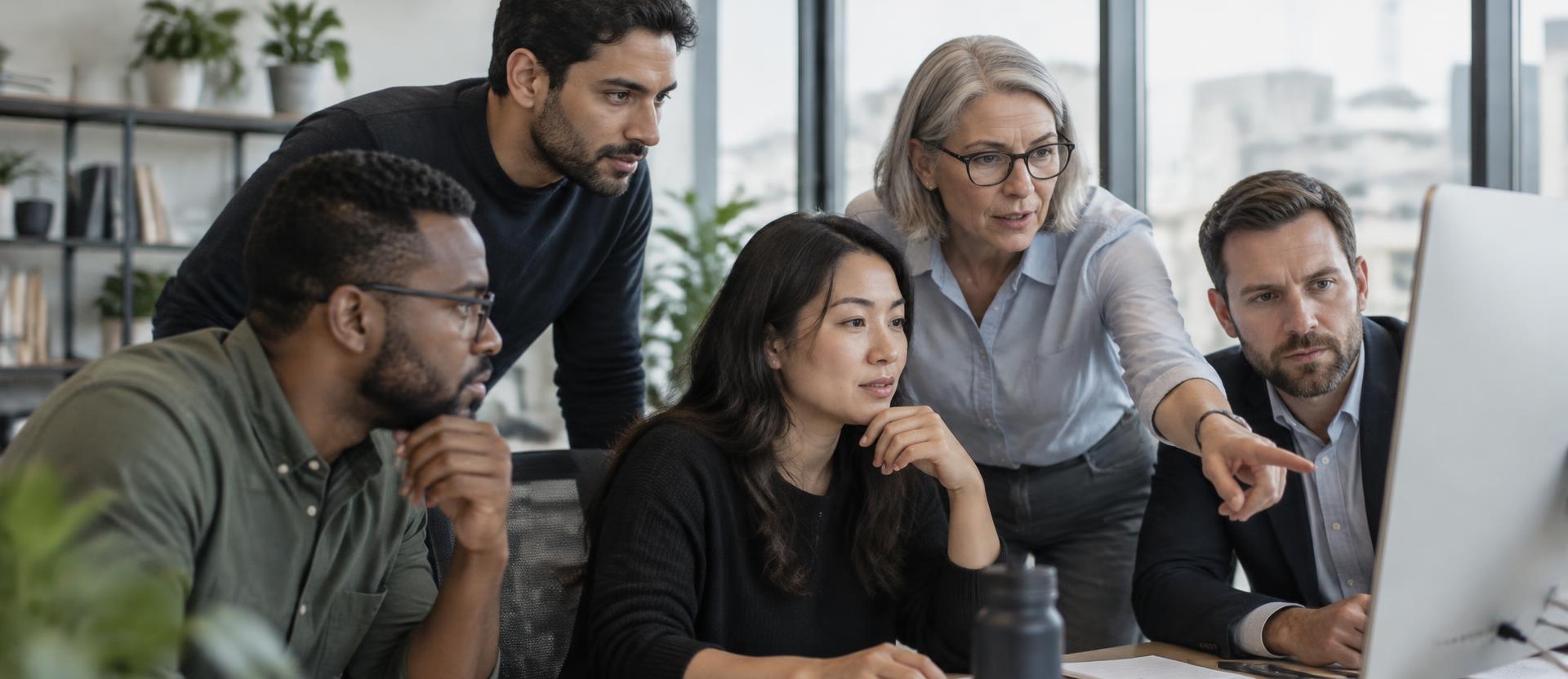 A mixed-seniority team reviewing work together around a screen