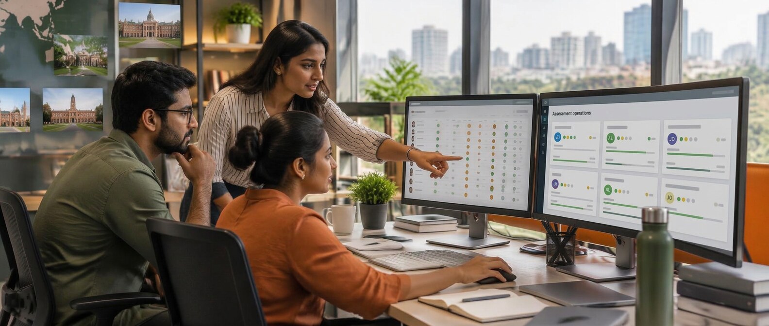 A hiring operations team coordinating campus assessment drives from one workstation