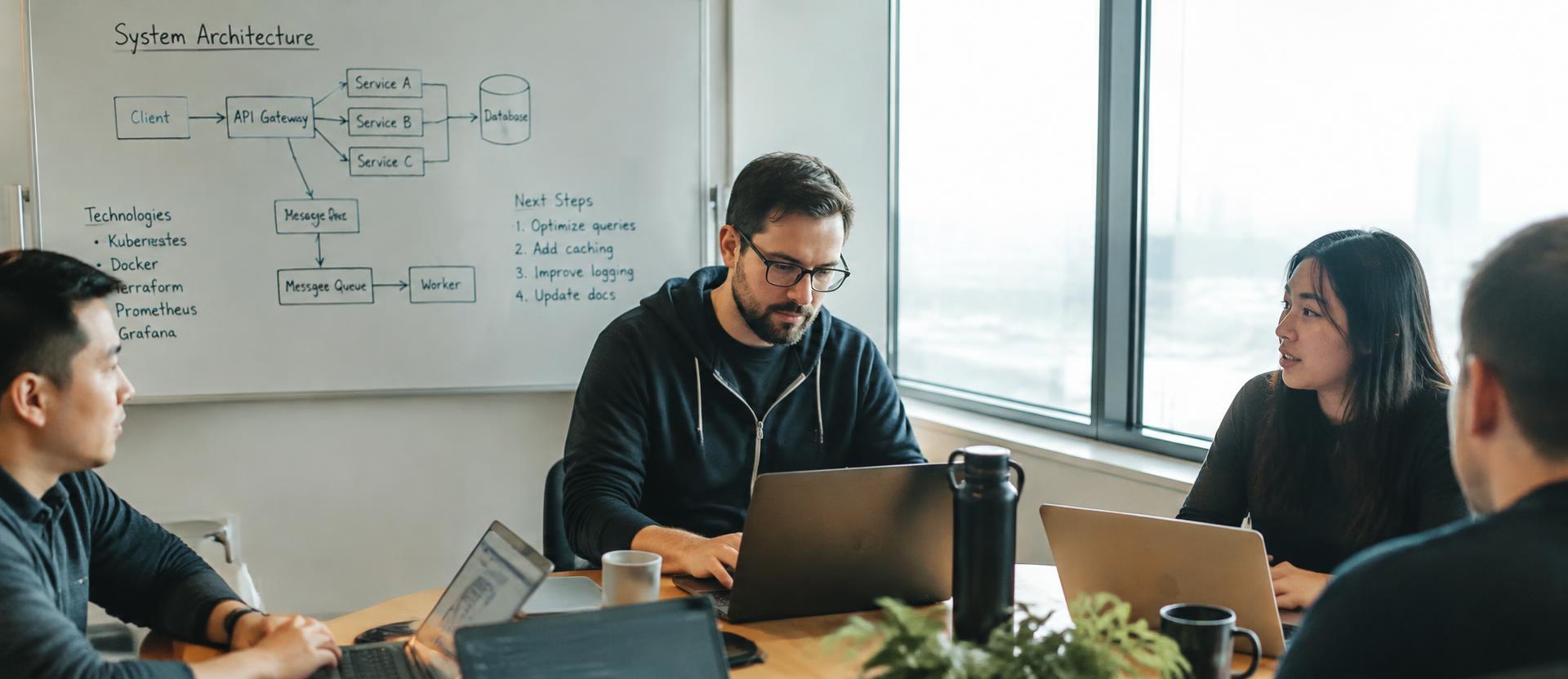 An engineer working with a client team in front of a system architecture whiteboard