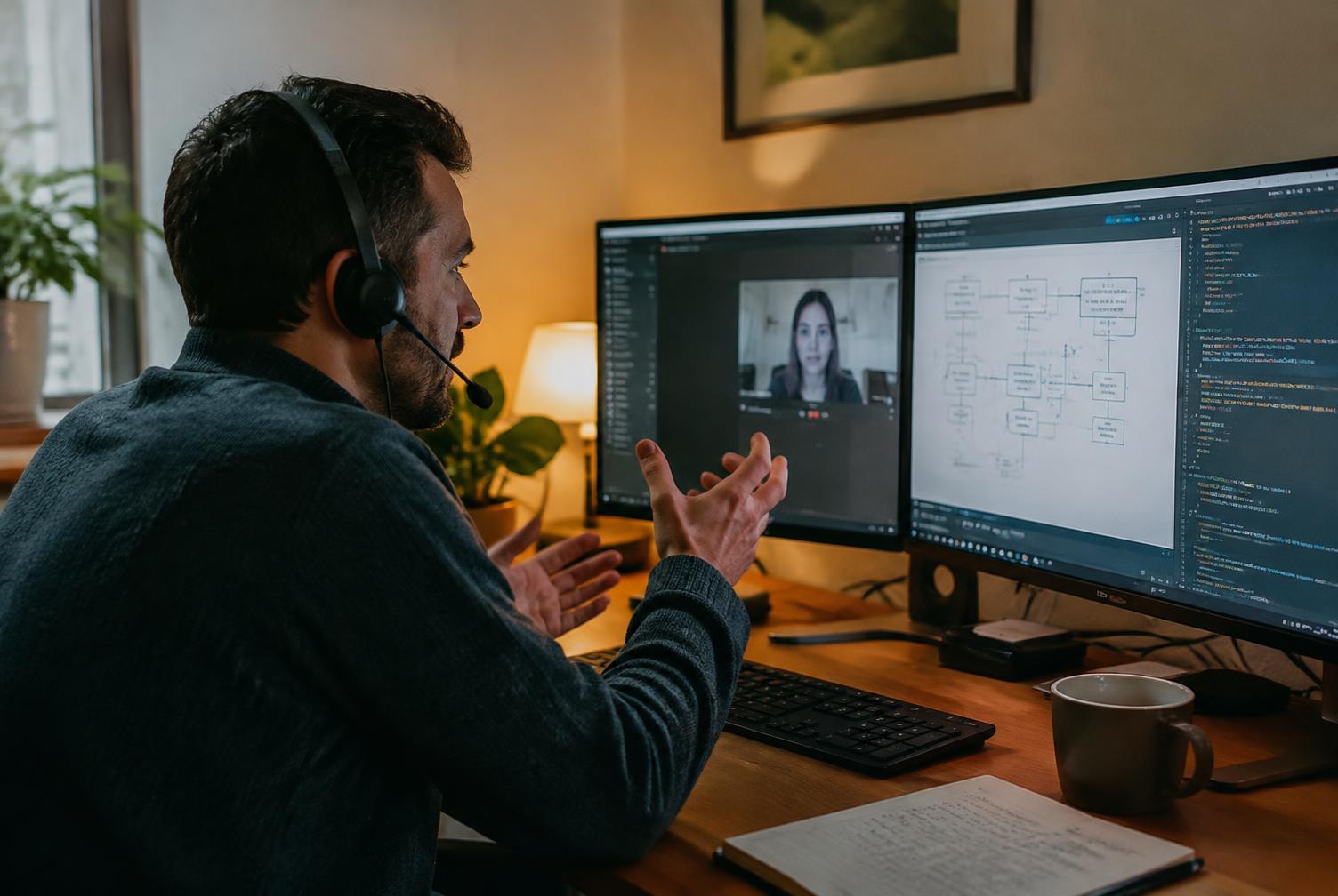 An engineer explaining his solution aloud on a video call
