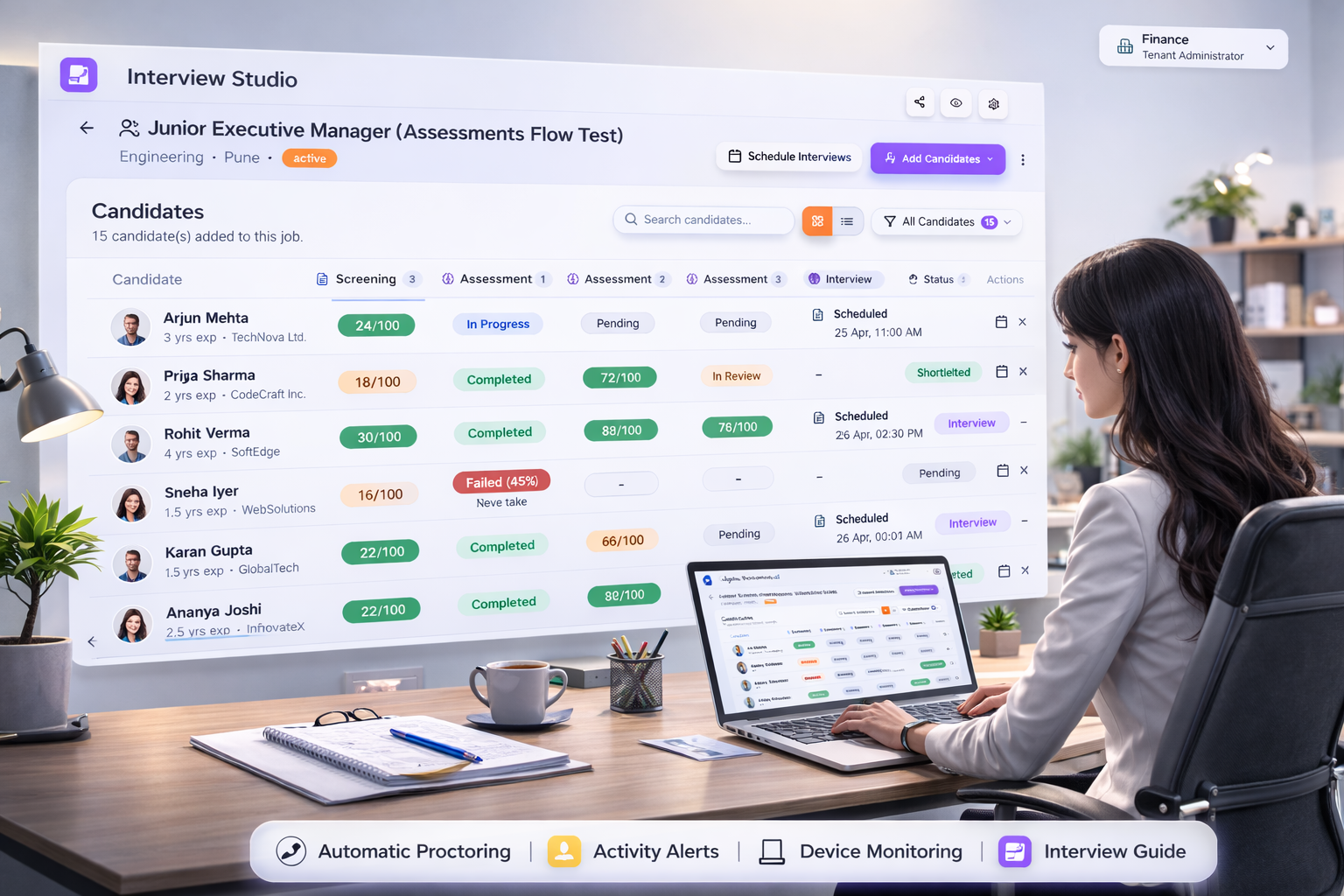 Candidate workflow dashboard with hiring evidence and stage progress