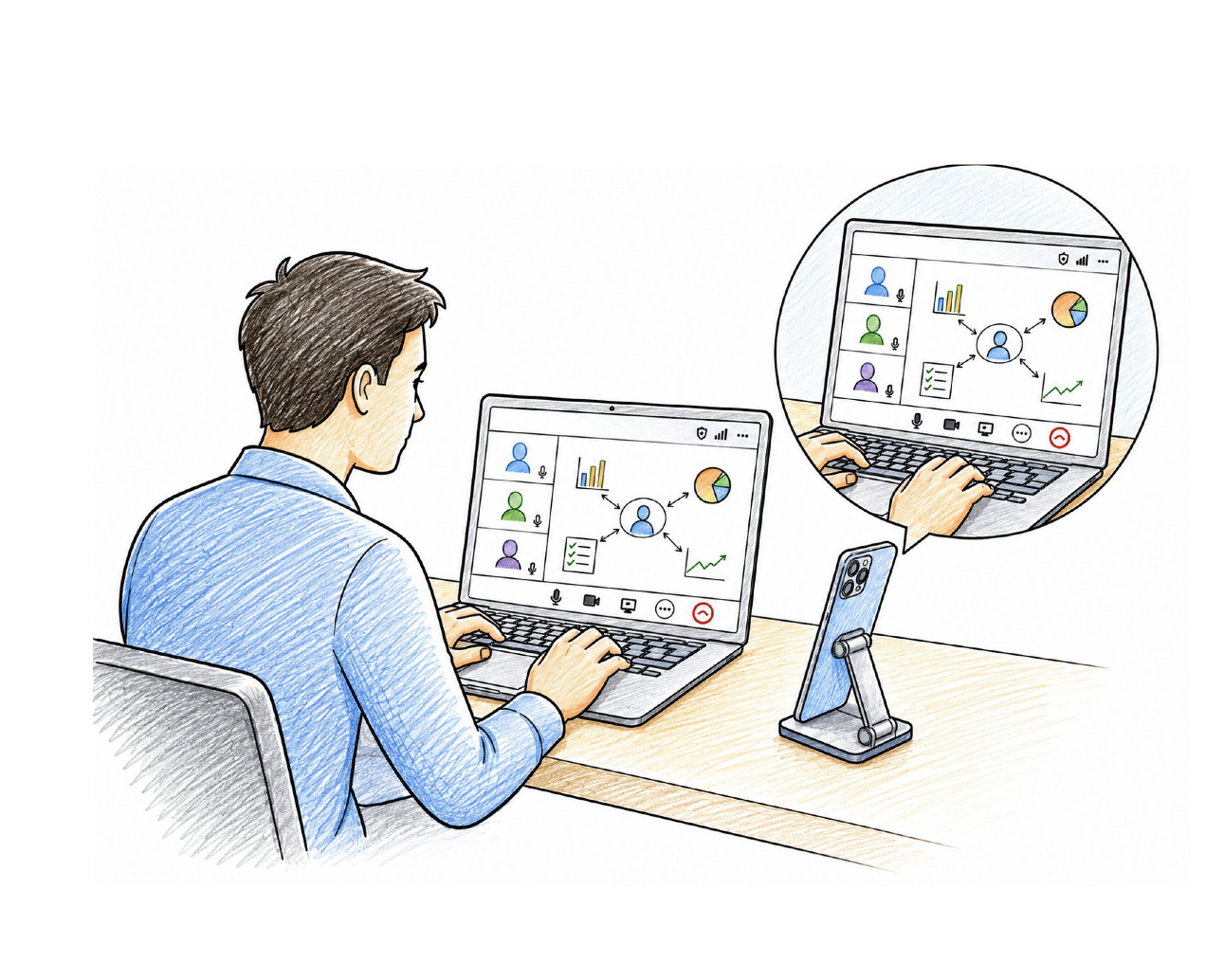 Candidate using a laptop while a side-positioned phone provides an additional workspace view