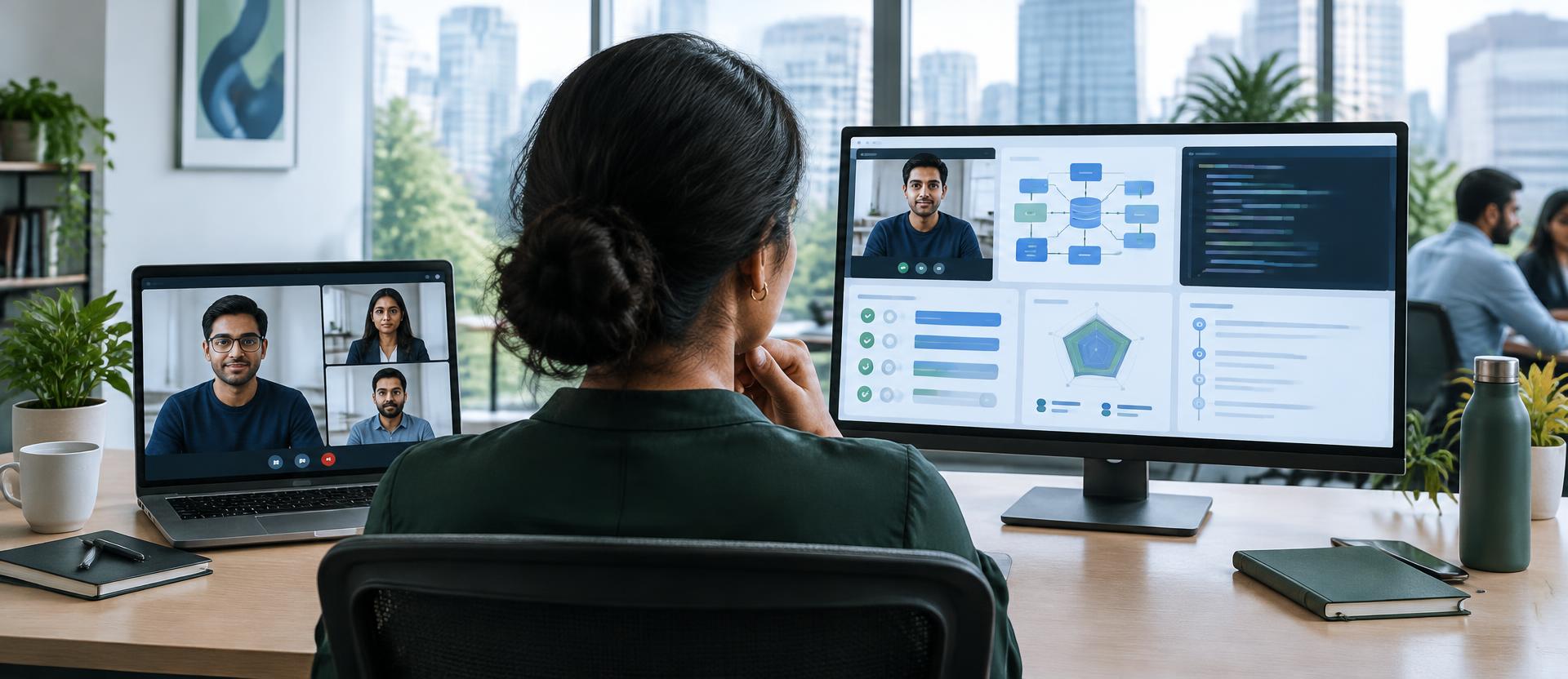 Recruiter comparing a standard video meeting with an evidence-rich technical interview workspace