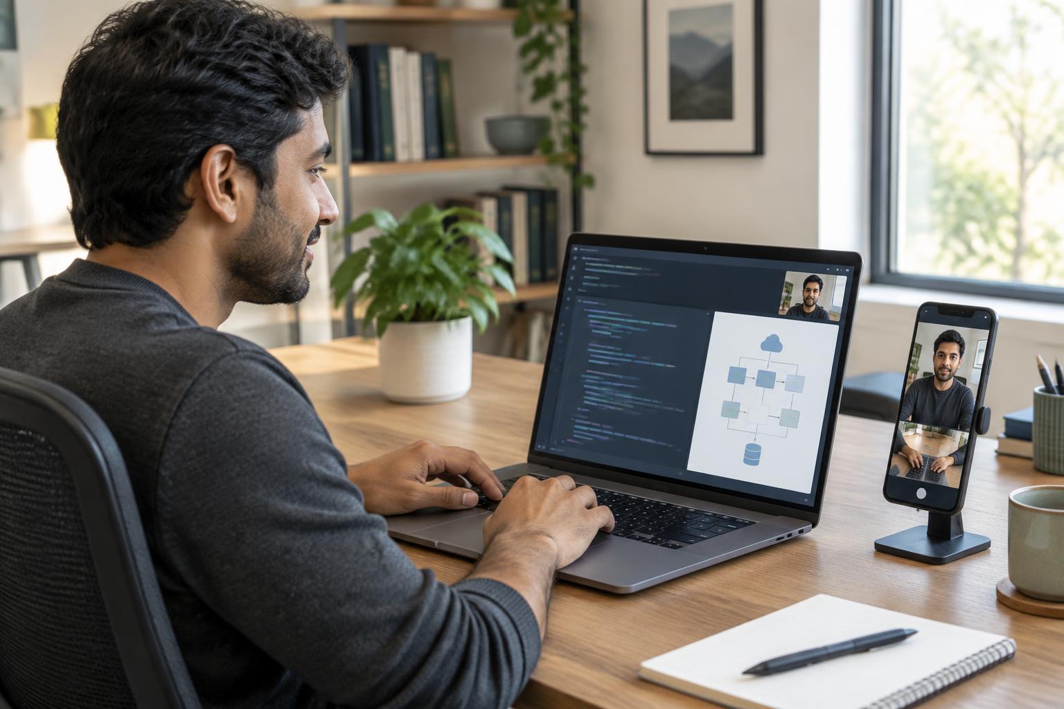 Engineering candidate using a laptop for live coding with a phone positioned as an additional workspace camera