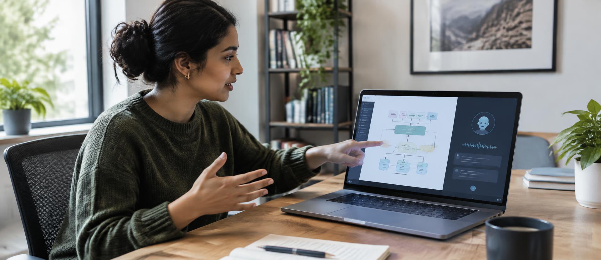 A software professional demonstrating and explaining a project to an AI interviewer