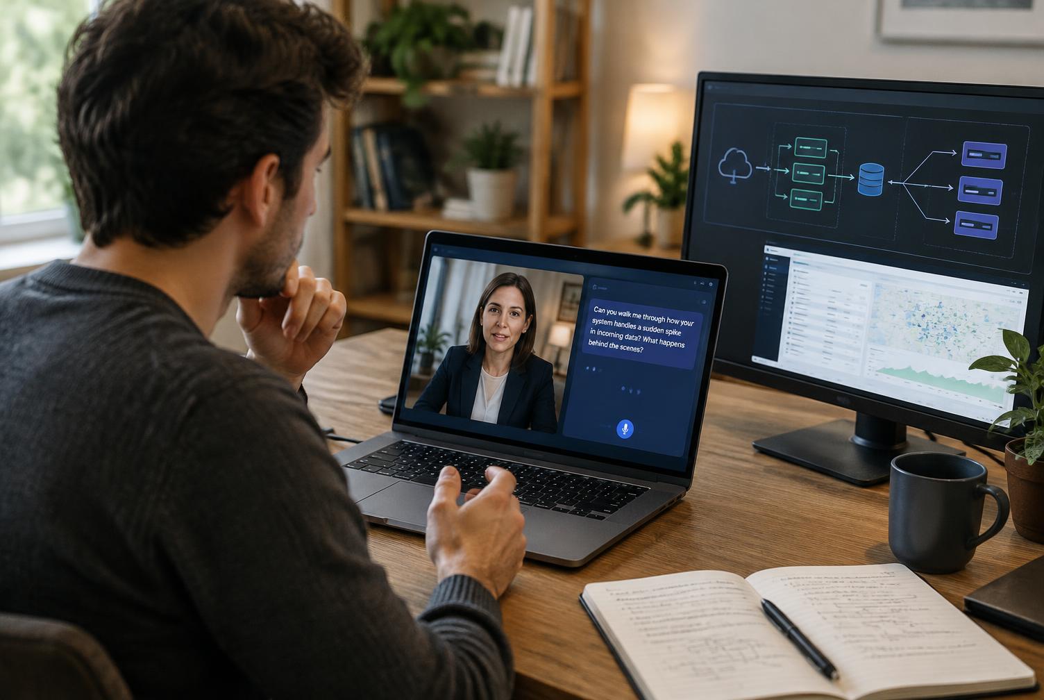 A candidate answering an AI interviewer’s specific follow-up about a demonstrated system