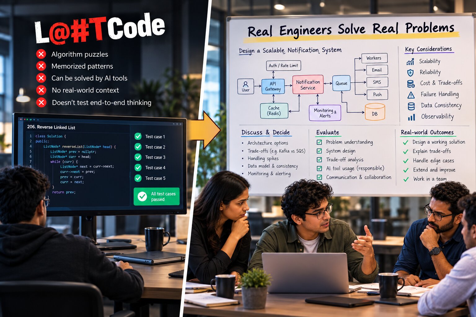 Left: a candidate passing a reverse-linked-list puzzle. Right: engineers designing a scalable notification system and discussing trade-offs